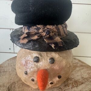 Primitive Snowman Head With Felt Hat Resin Paper Mache 9”
